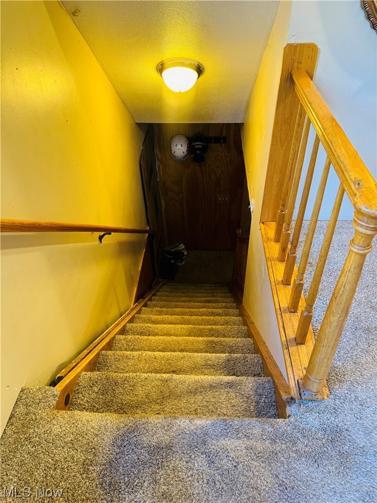 426 Buck Run Road Mineral Wells, WV 26150 - Photo 32 of 39 Stairs with dark carpet and a textured ceiling