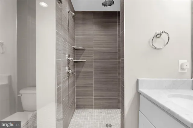 a bathroom with a granite countertop shower and a sink