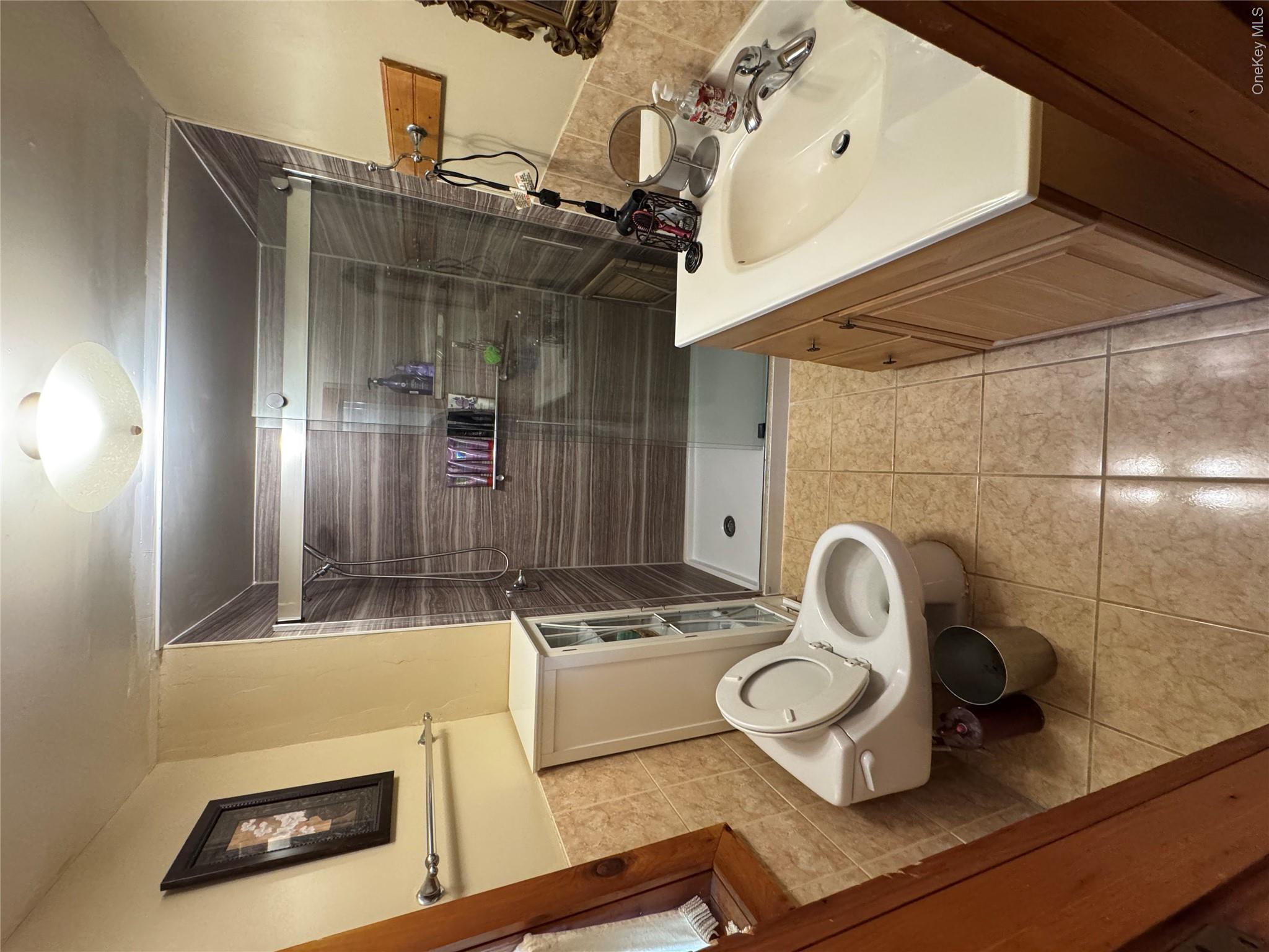 96 White Roe Lake Road Livingston Manor, NY 12758 - Photo 5 of 31 Bathroom featuring a walk in shower with glass enclosure and tiled walls, a vanity with a white sink, and tiled flooring