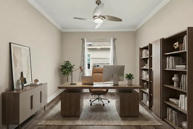 a workspace with furniture and bookshelf