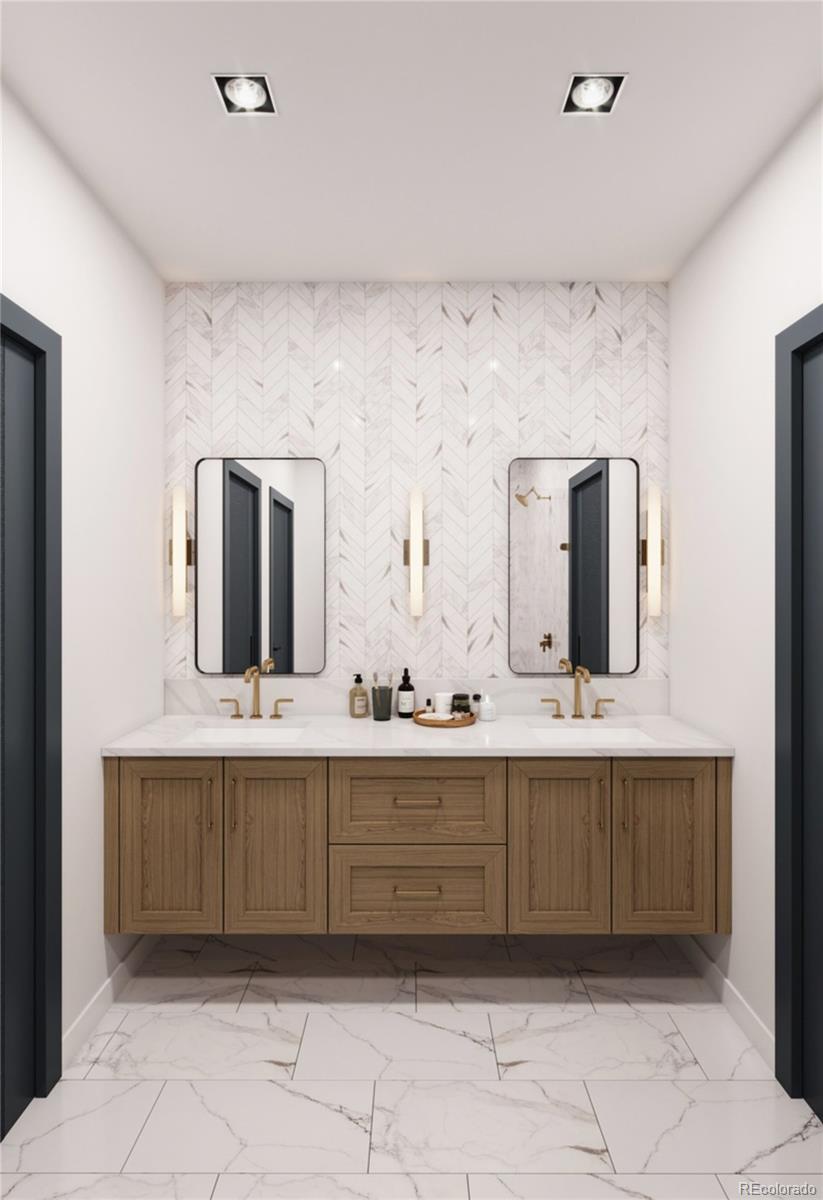 431 Acoma Street Denver, CO 80204 - Photo 16 of 18 a large bathroom with double vanity sink and a mirror