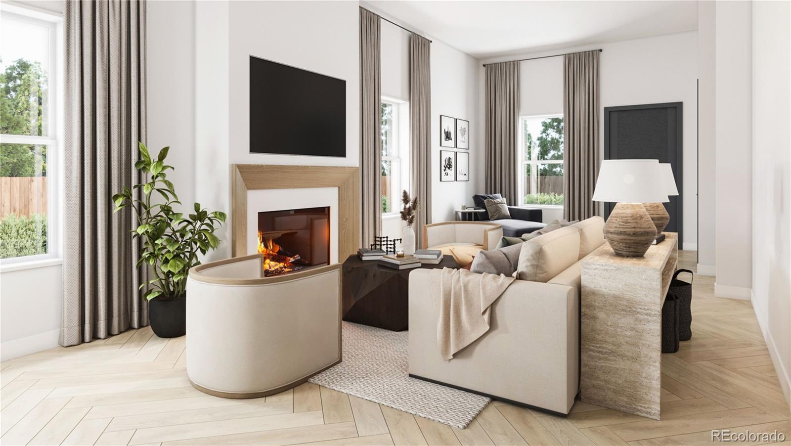 431 Acoma Street Denver, CO 80204 - Photo 7 of 18 a living room with furniture a fireplace and a flat screen tv