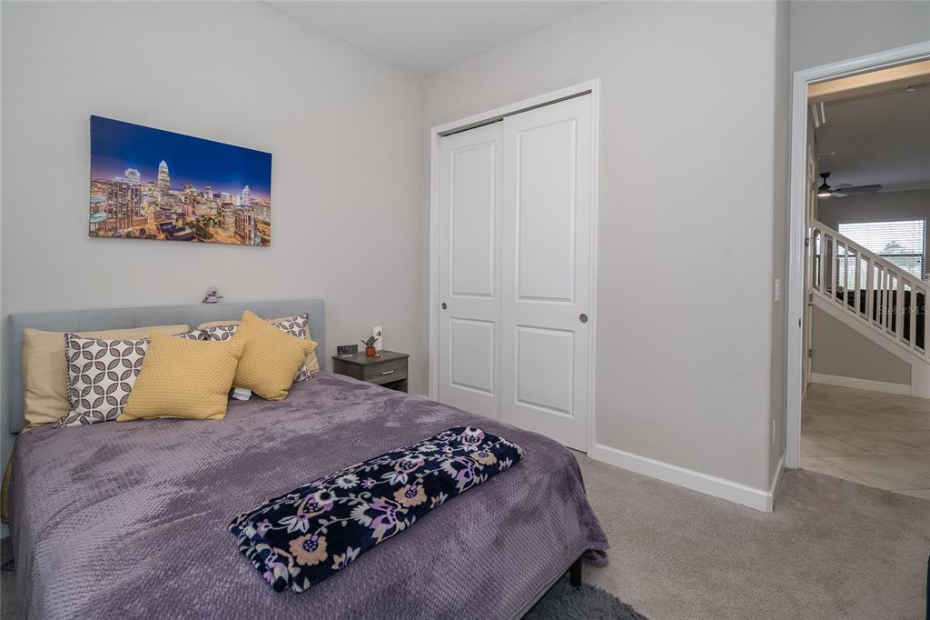8099 Lago Mist Way Wesley Chapel, FL 33545 - Photo 28 of 56 a bedroom with a large bed and a chandelier