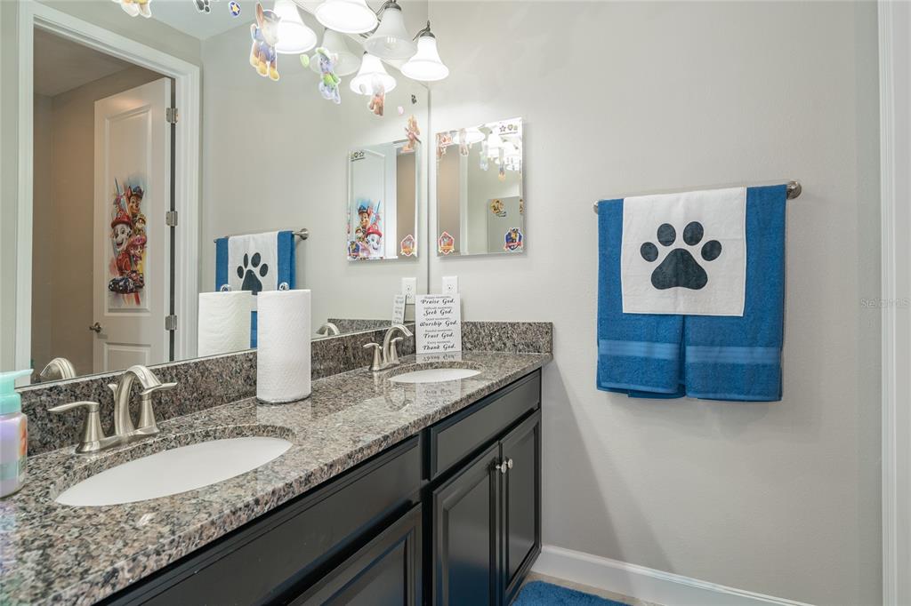8099 Lago Mist Way Wesley Chapel, FL 33545 - Photo 32 of 56 a bathroom with a granite countertop sink a large mirror and a shower