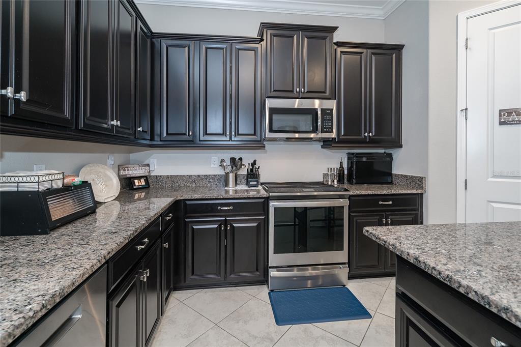 8099 Lago Mist Way Wesley Chapel, FL 33545 - Photo 6 of 56 a kitchen with stainless steel appliances granite countertop a stove top oven a sink dishwasher and a microwave oven with wooden cabinets