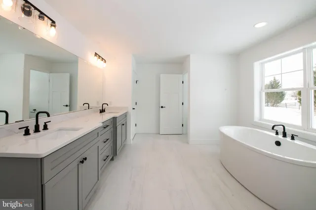 a bathroom with a double vanity sink a mirror and a bathtub