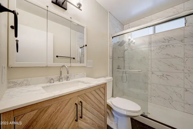 a bathroom with a sink a toilet and shower