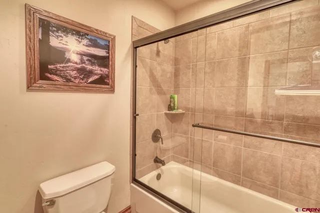 a bathroom with a shower and a toilet