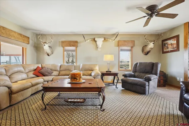 a living room with furniture a rug and a chandelier