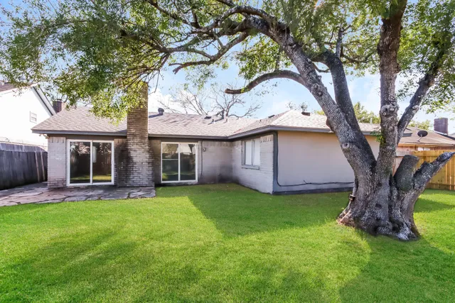 a view of a yard in front of a house with a large tree