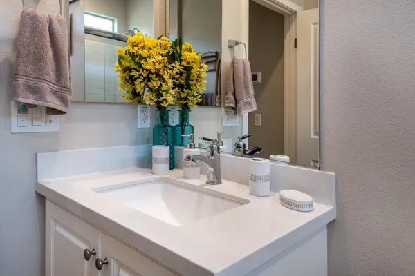 a bathroom with a sink and a mirror