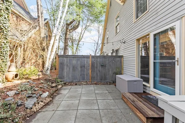 a view of a backyard with a large tree