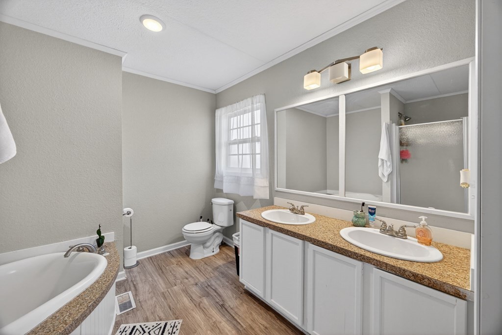 308 Allen's Chapel Road Smithville, TN 37166 - Photo 20 of 26 a bathroom with a sink double vanity granite tub and a toilet