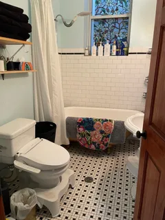 a bathroom with a toilet and a shower