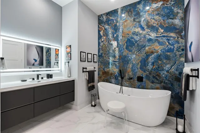 a view of a yard covered with tall trees