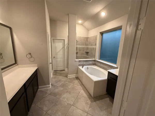 a bathroom with a bathtub sink and mirror