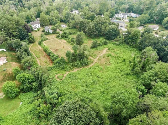 an aerial view of residential houses with outdoor space and trees