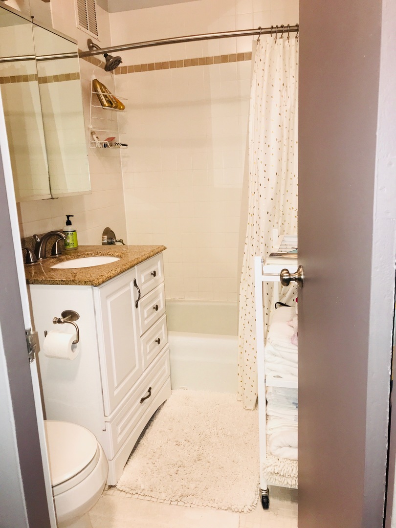 655 West Irving Park Road, Unit 2911 Chicago, IL 60613 - Photo 29 of 42 a bathroom with a granite countertop sink a toilet and shower