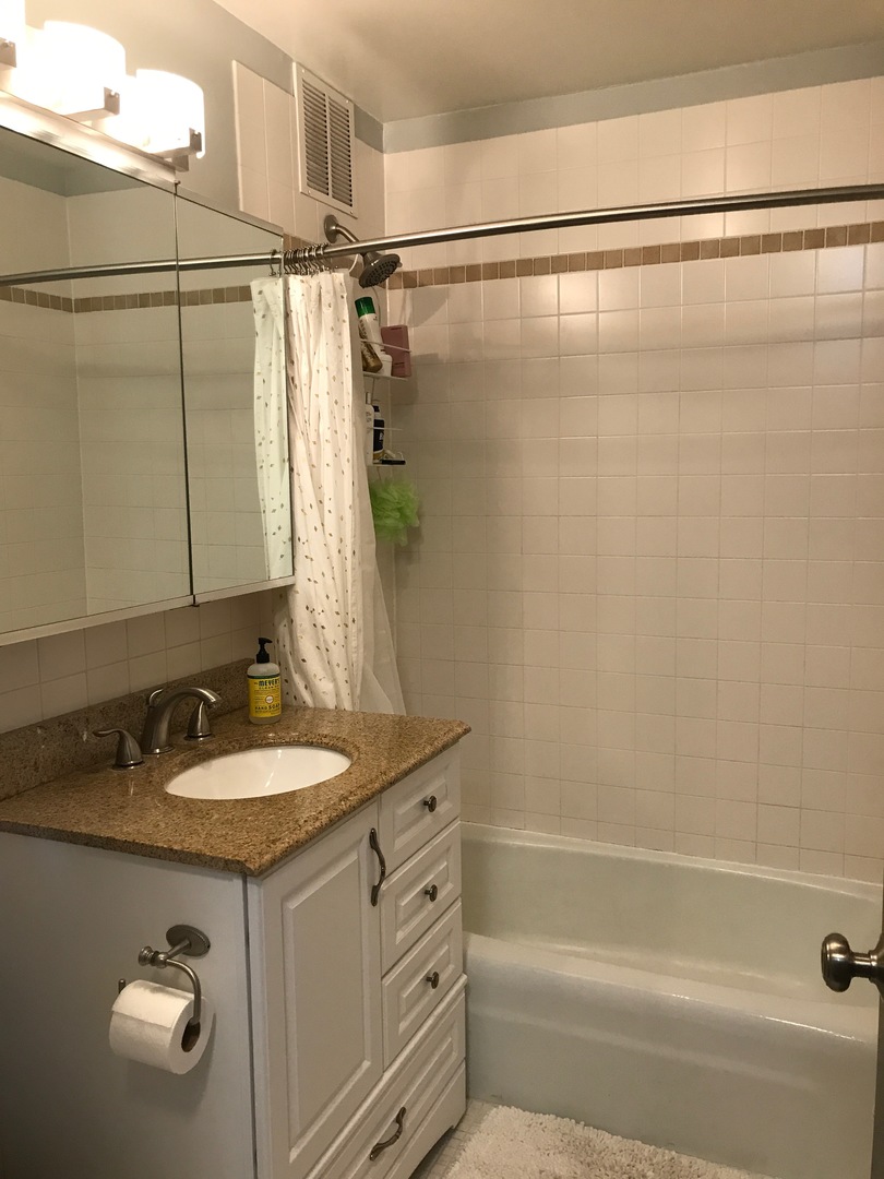 655 West Irving Park Road, Unit 2911 Chicago, IL 60613 - Photo 39 of 42 a bathroom with a granite countertop sink and a mirror