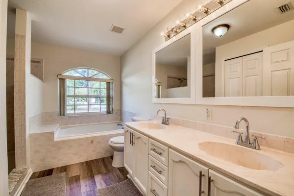 a bathroom with a sink a large mirror a toilet and a bathtub