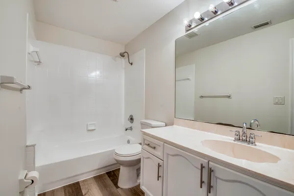 a bathroom with a sink a toilet a large mirror and shower