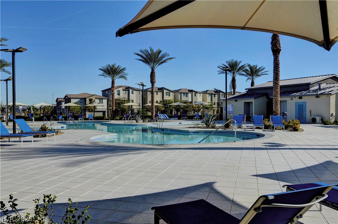 6924 Spicy Merlot Street North Las Vegas, NV 89086 - Photo 67 of 83 A sparkling outdoor pool surrounded by lounge chairs, palm trees, and community buildings awaits.