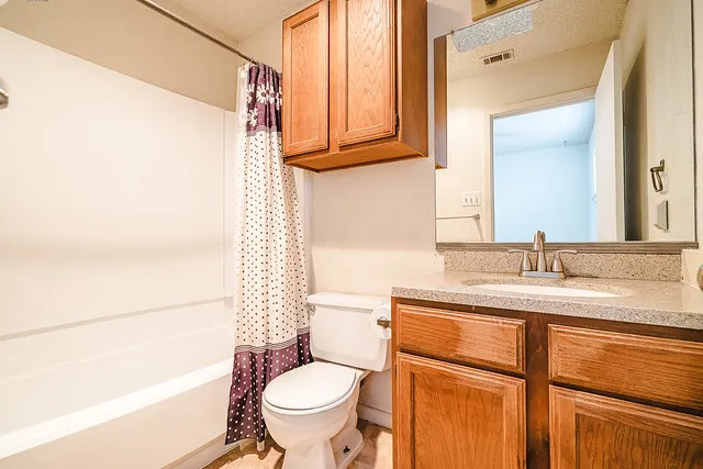 a bathroom with a granite countertop sink toilet and shower