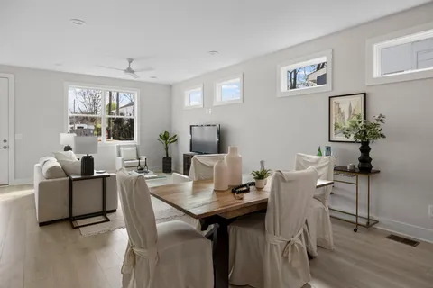 a view of a dining room with furniture