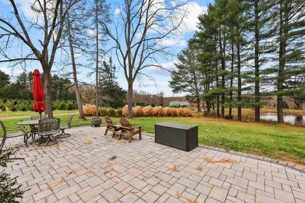 a garden view with a seating space