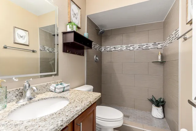 a bathroom with a granite countertop sink a toilet and shower