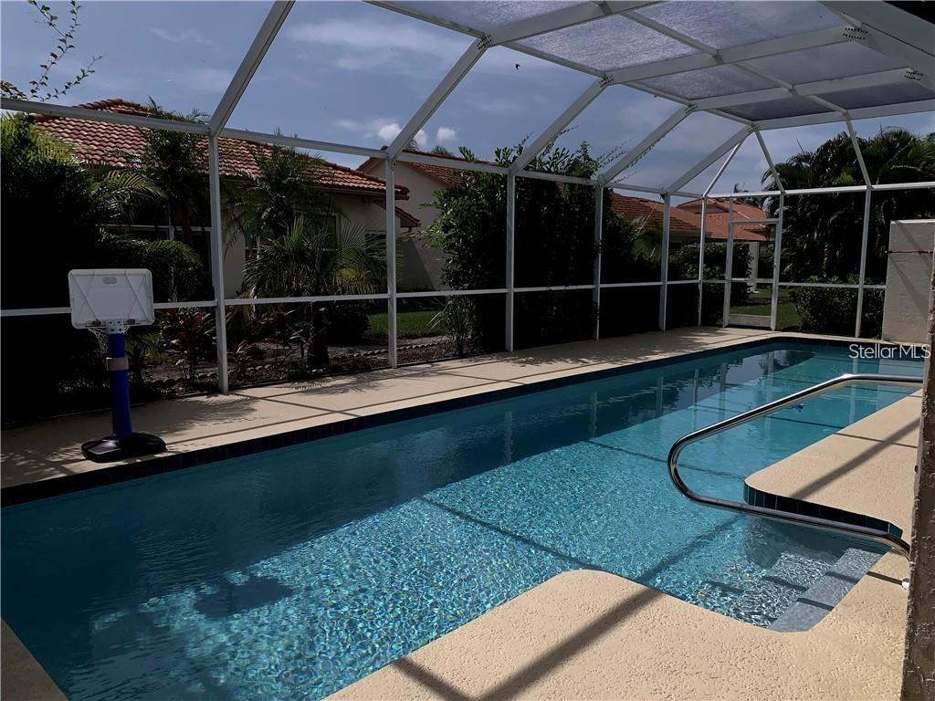 a view of a swimming pool with a bench