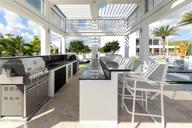 a view of outdoor kitchen with seating area