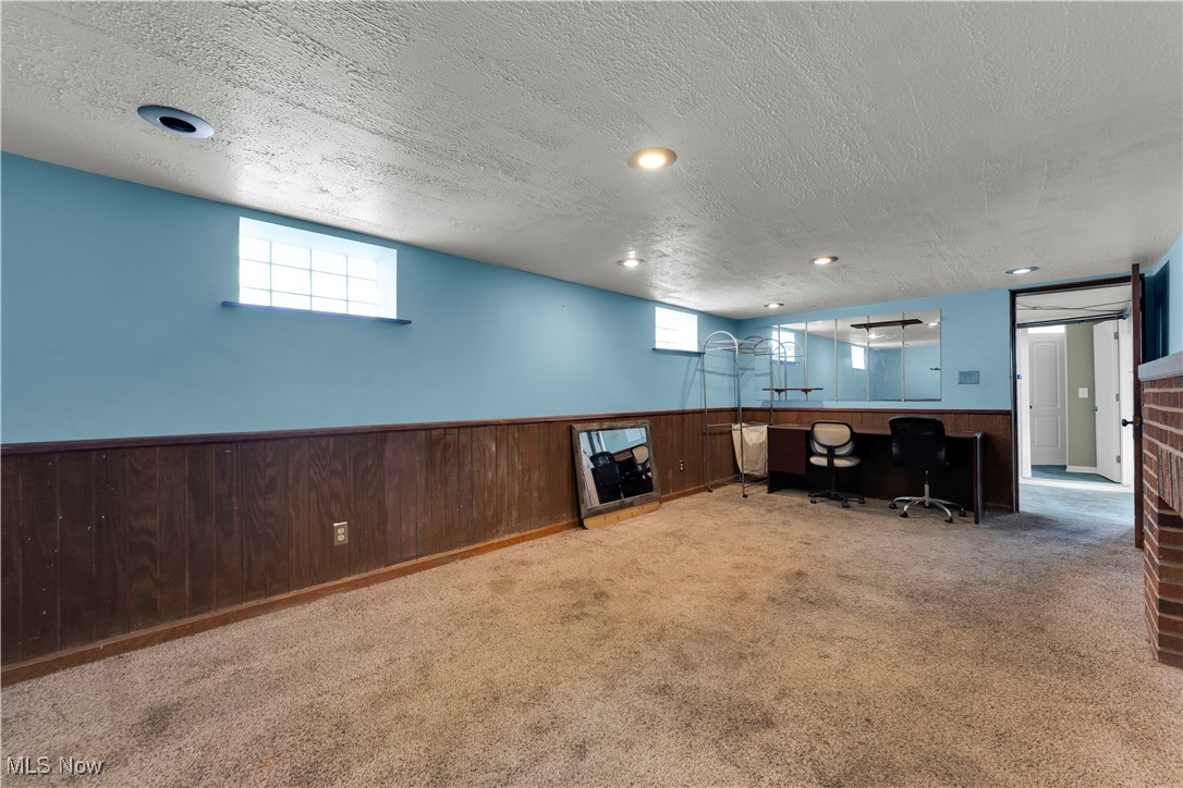 3739 Warren Road Cleveland, OH 44111 - Photo 11 of 40 Unfurnished office with wainscoting, carpet, a textured ceiling, a bar, and wooden walls
