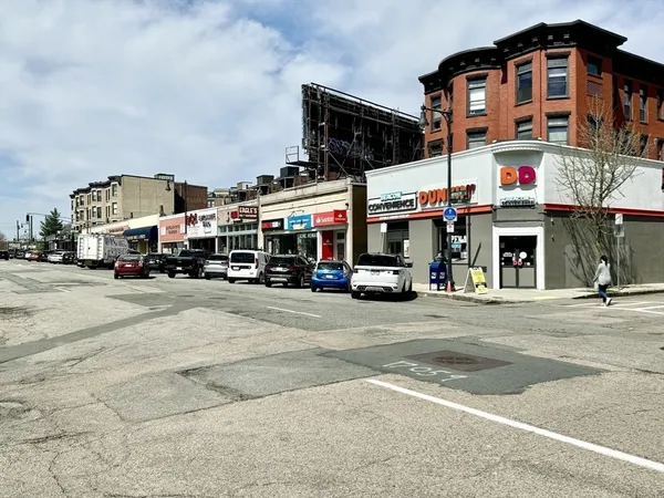 a front view of a building with street