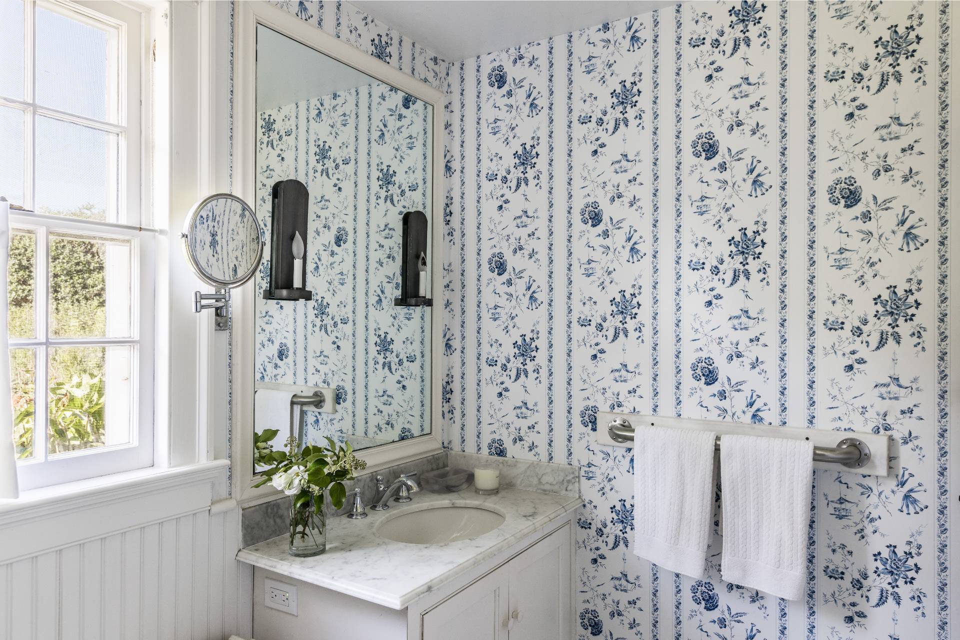 117 Egypt Lane East Hampton, NY 11937 - Photo 27 of 36 a bathroom with a granite countertop sink a mirror and a shower curtain