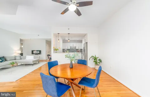 a dining room with furniture window and wooden floor