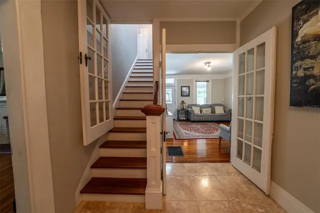 a view of a park with large trees