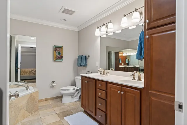 a bathroom with a double vanity sink mirror and toilet