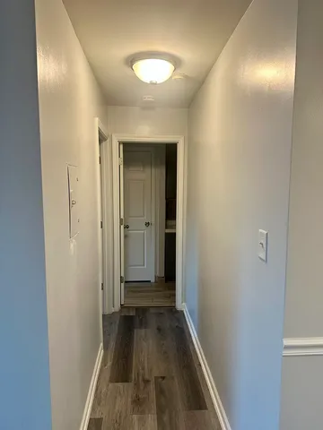 a view of a hallway with wooden floor