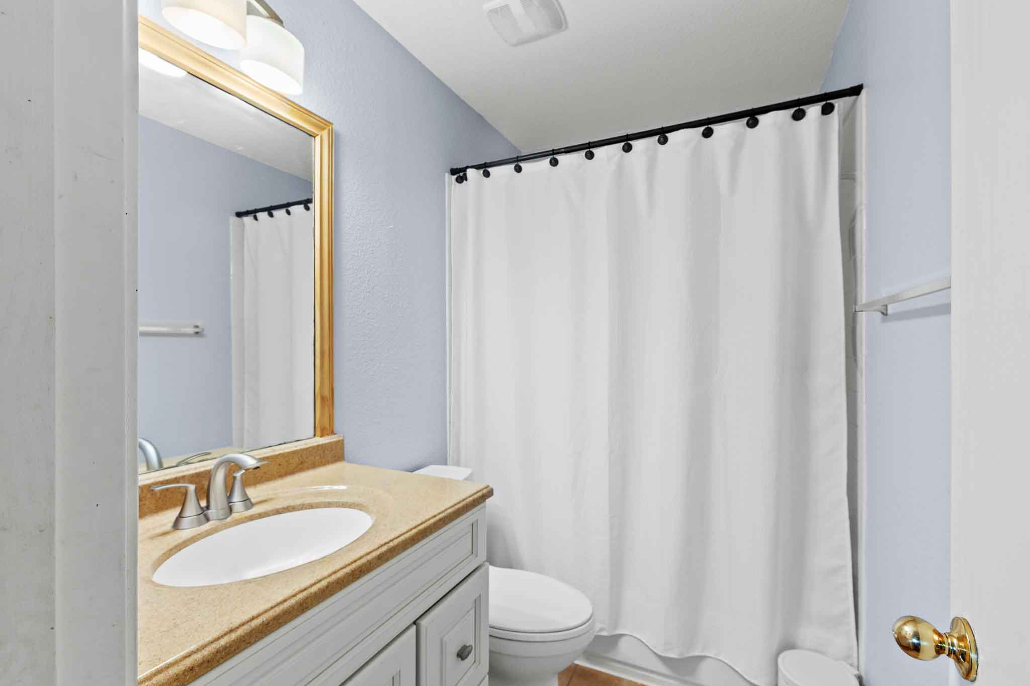 270 Endeavour Kyle, TX 78640 - Photo 17 of 20 Bathroom featuring a vanity with an integrated sink, a gold-framed mirror, and a shower with a white curtain