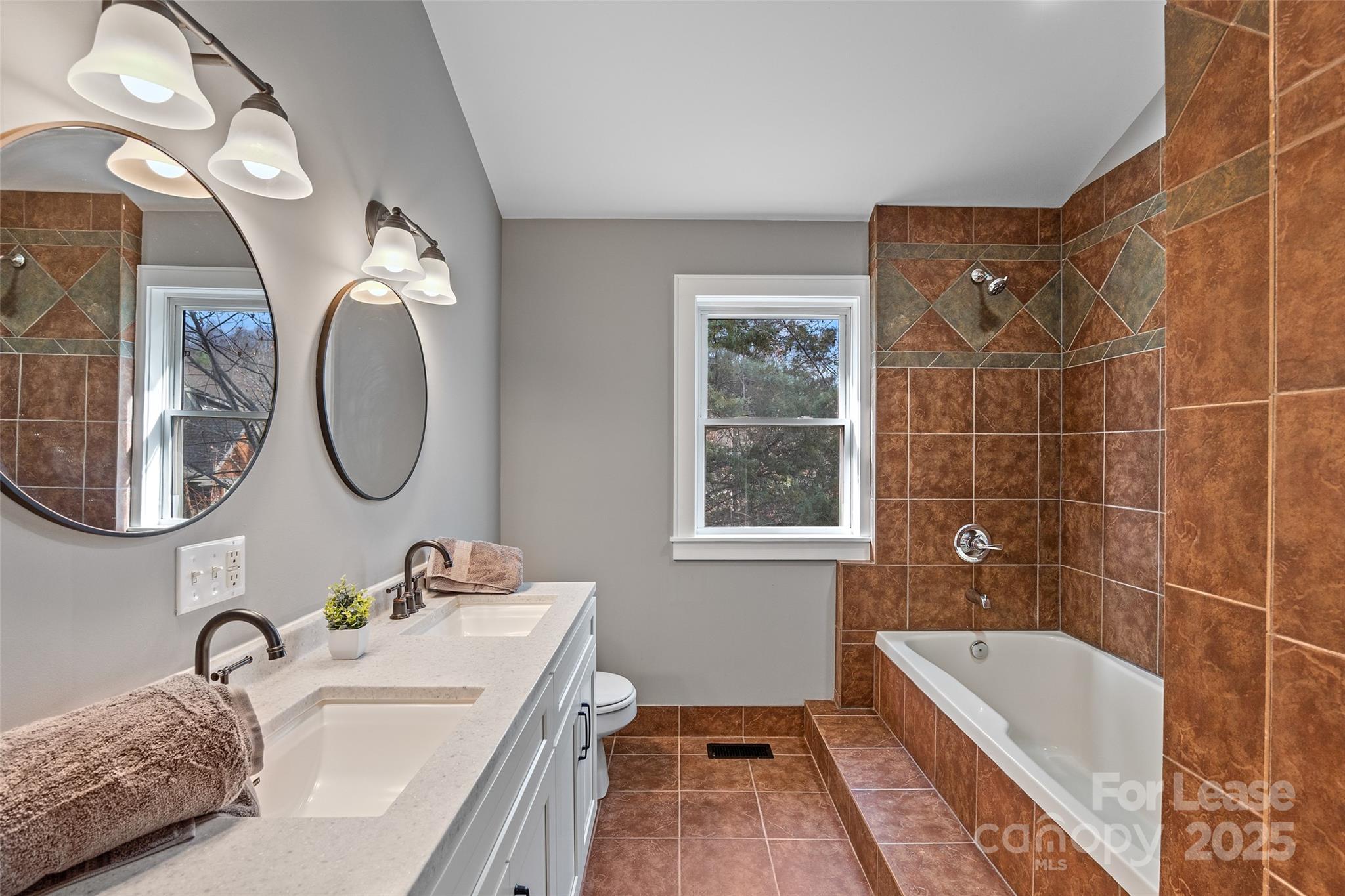 5 Elmore Street Asheville, NC 28804 - Photo 16 of 37 a bathroom with a tub a double vanity sink and a mirror