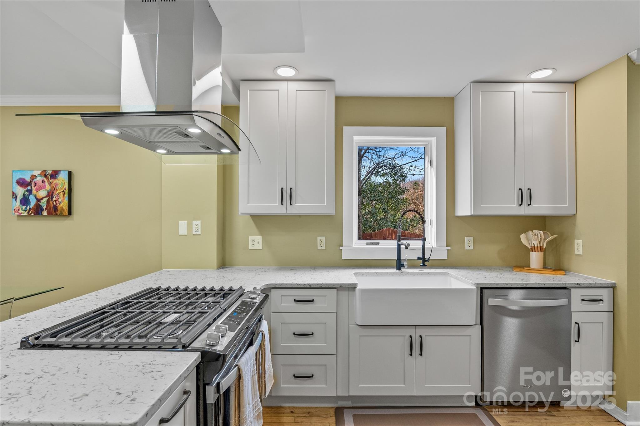 5 Elmore Street Asheville, NC 28804 - Photo 8 of 37 a kitchen with granite countertop a sink stove and cabinets