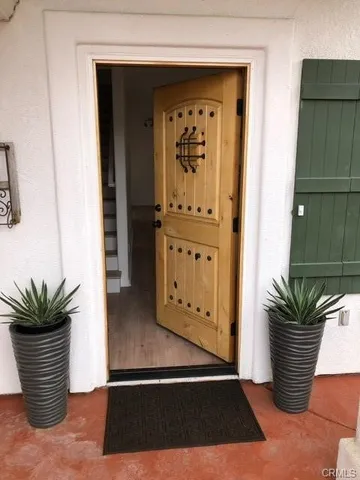 a potted plant sitting in front of a glass door