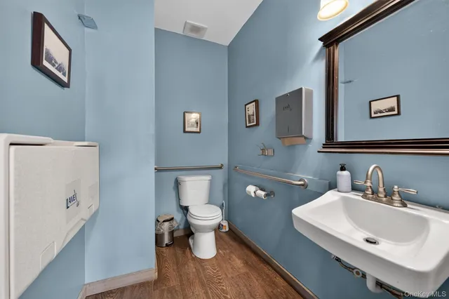 a bathroom with a sink toilet and a mirror