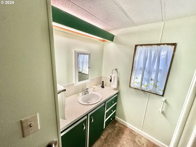 a bathroom with a sink a mirror and a shower