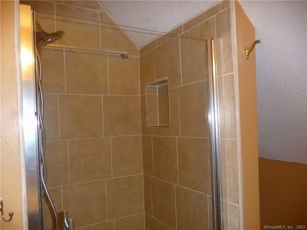 a bathroom with a shower and a glass door