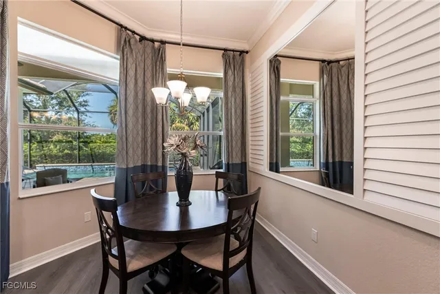 a view of a dining room with furniture and window