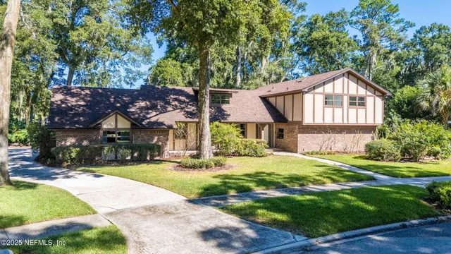 a view of a yard with plants and trees