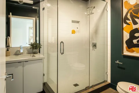 a bathroom with a shower and a sink
