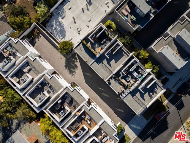 an aerial view of a backyard